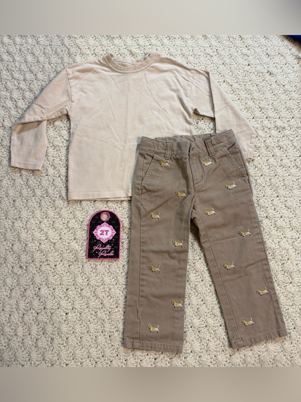 Zara Beige Long-Sleeve Top with Brown Puppy Embroidered Jeans